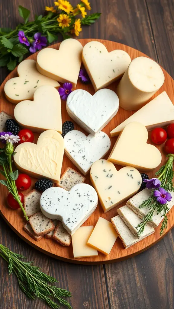 A romantic charcuterie board featuring heart-shaped cheeses, fresh herbs, and colorful fruits.