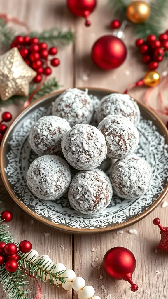 A plate of chocolate coconut snowballs surrounded by festive decorations