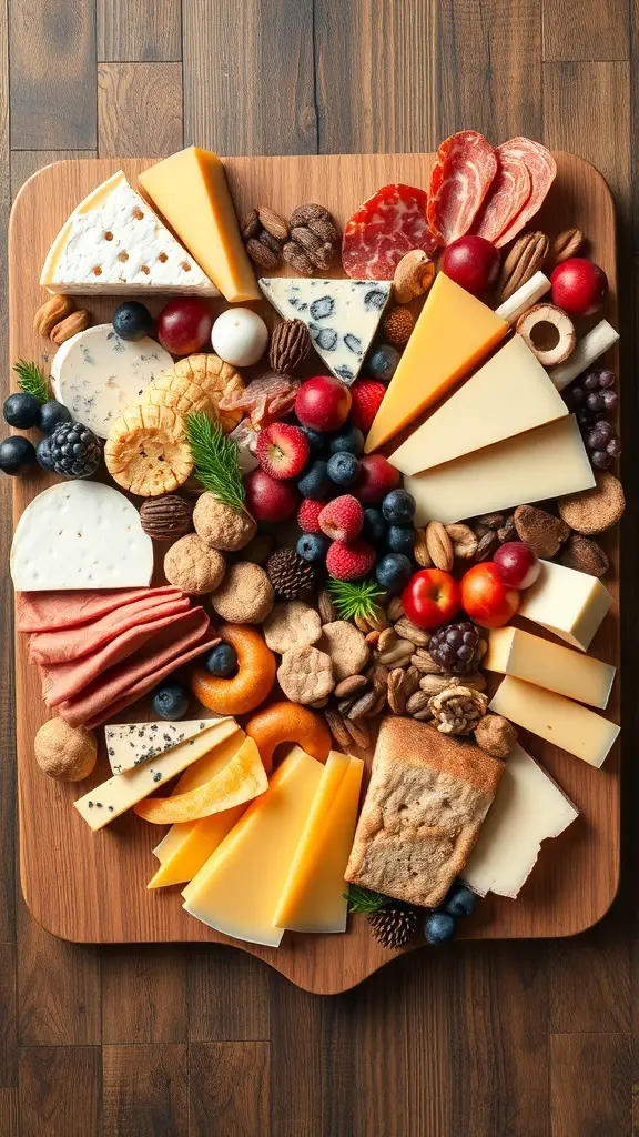 A heart-shaped cheese and charcuterie board filled with various cheeses, meats, fruits, and nuts.