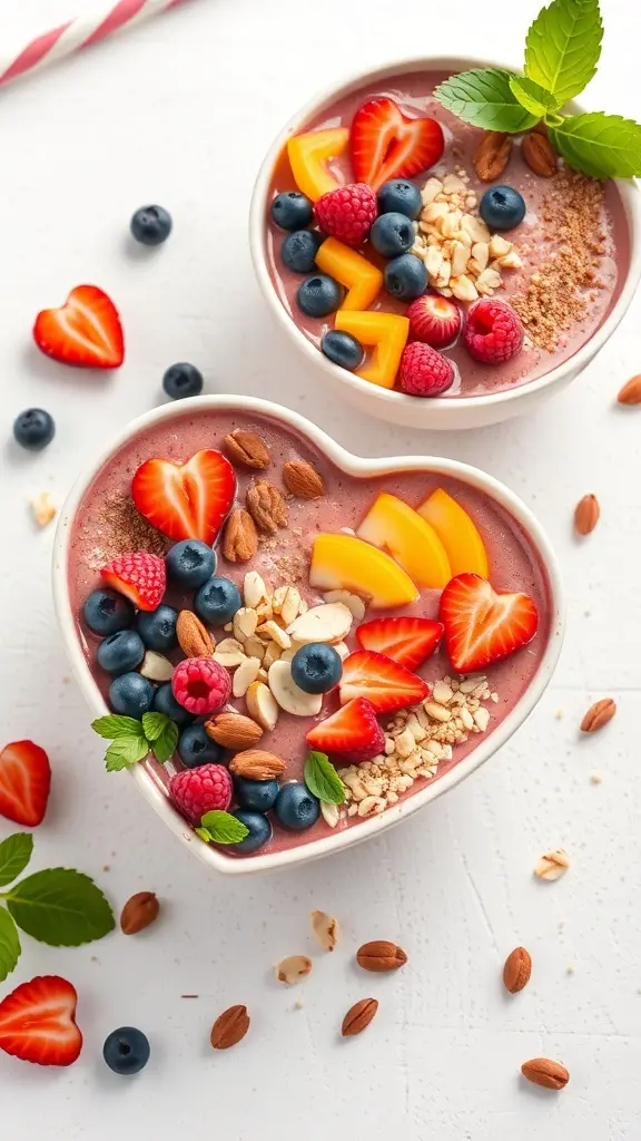 Two heart-shaped smoothie bowls topped with fruits, nuts, and mint leaves