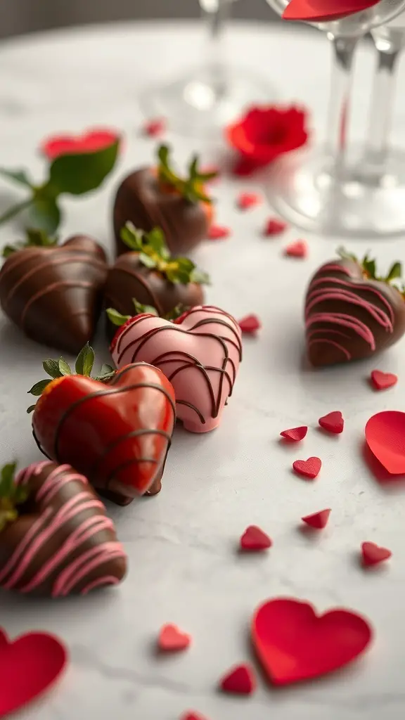 Heart-shaped chocolate-covered strawberries on a table with heart decorations