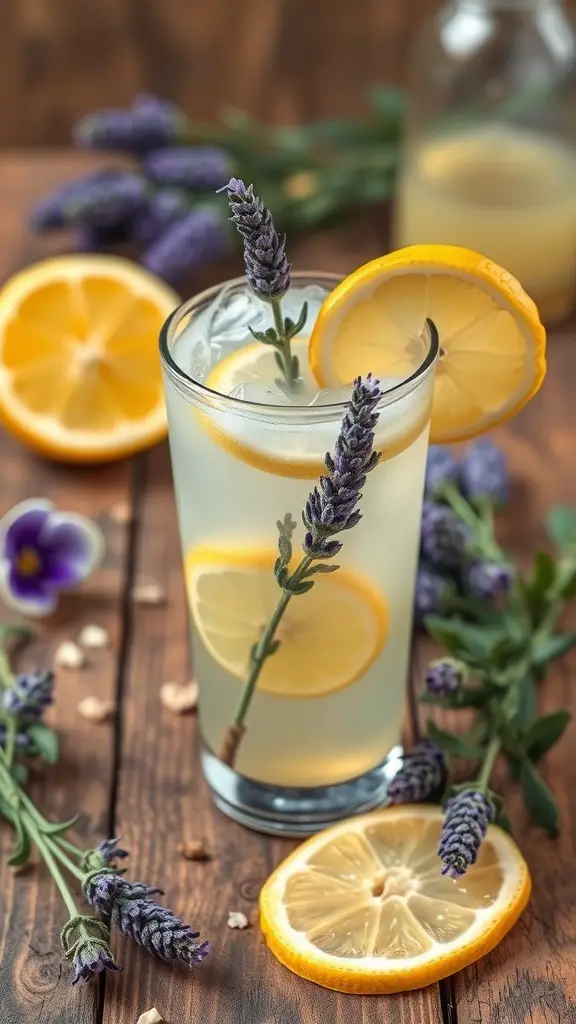 A glass of Vanilla Lavender Lemonade with lemon slices and lavender sprigs on a wooden table.