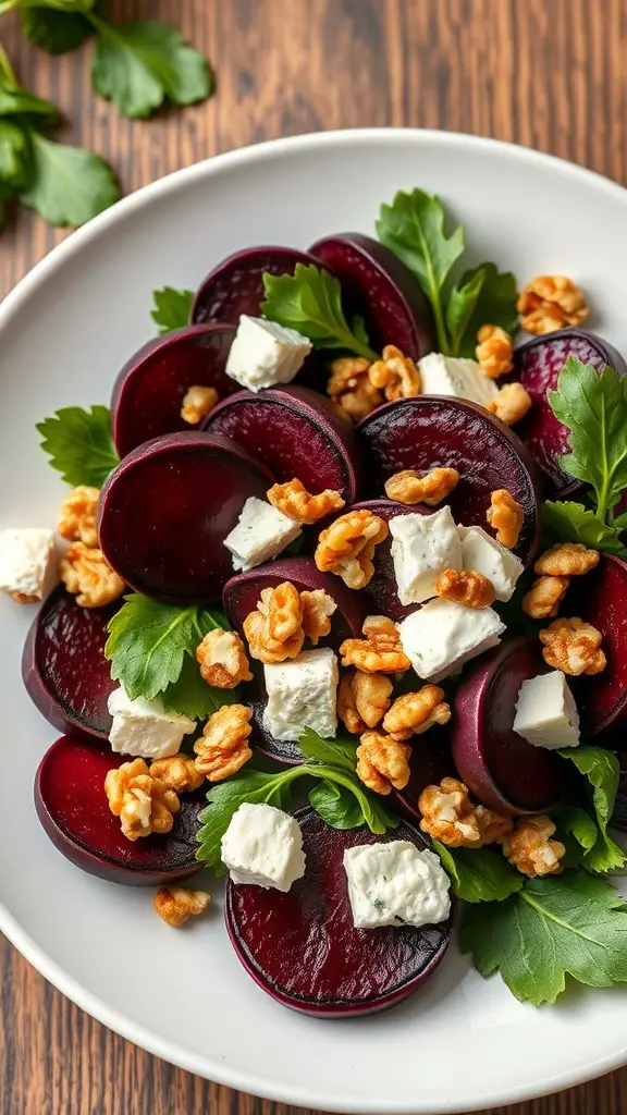 A vibrant roasted beet salad with goat cheese, walnuts, and parsley on a white plate.
