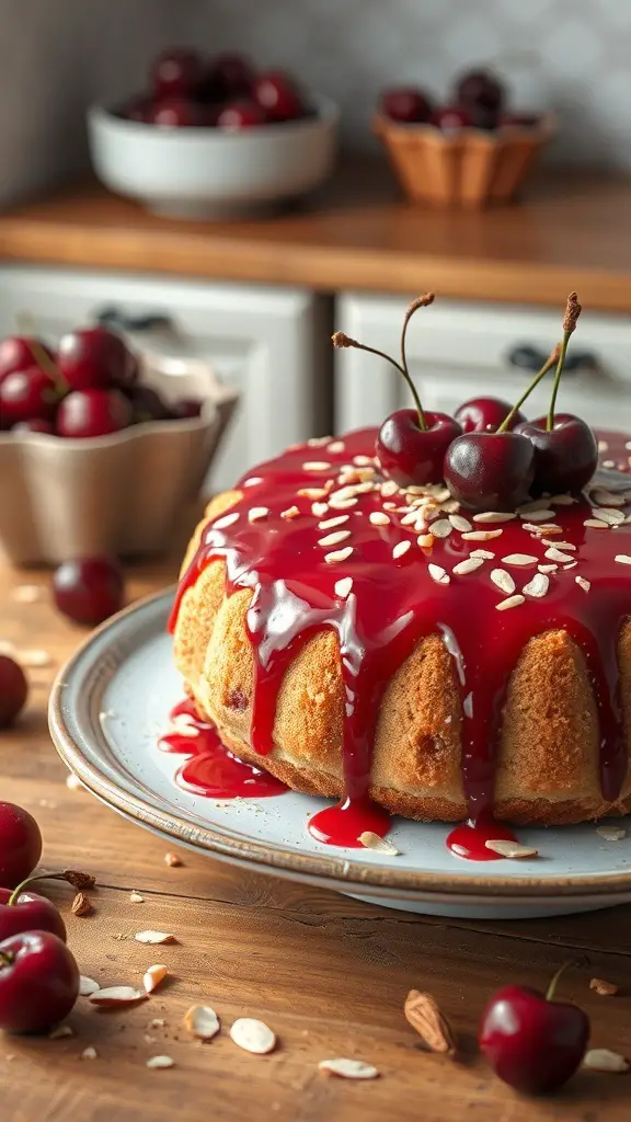 A Cherry Almond Poke Cake topped with cherry glaze and whole cherries, surrounded by fresh cherries.