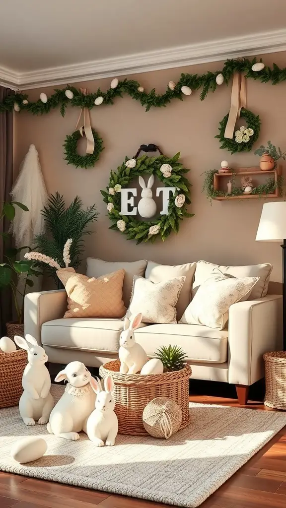 A cozy living room decorated for Easter with bunnies, eggs, and greenery.
