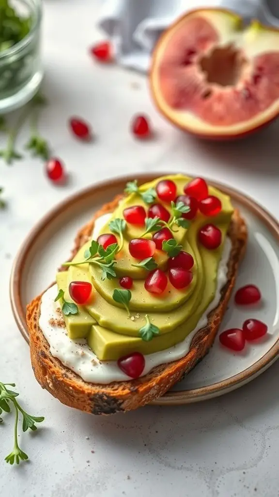 Avocado toast topped with pomegranate seeds on a plate