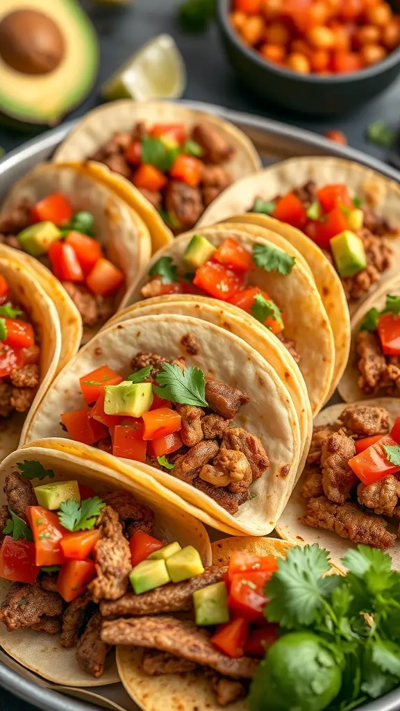 A platter of mini tacos filled with seasoned meat, diced tomatoes, avocado, and cilantro, served with fresh salsa.