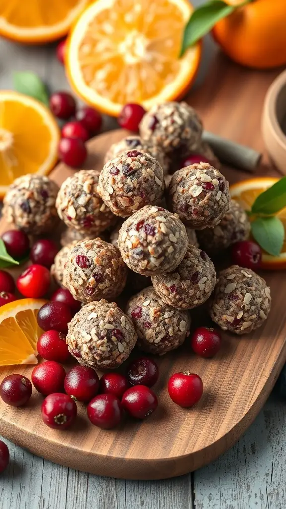 A wooden platter with cranberry orange energy bites, fresh cranberries, and orange slices.
