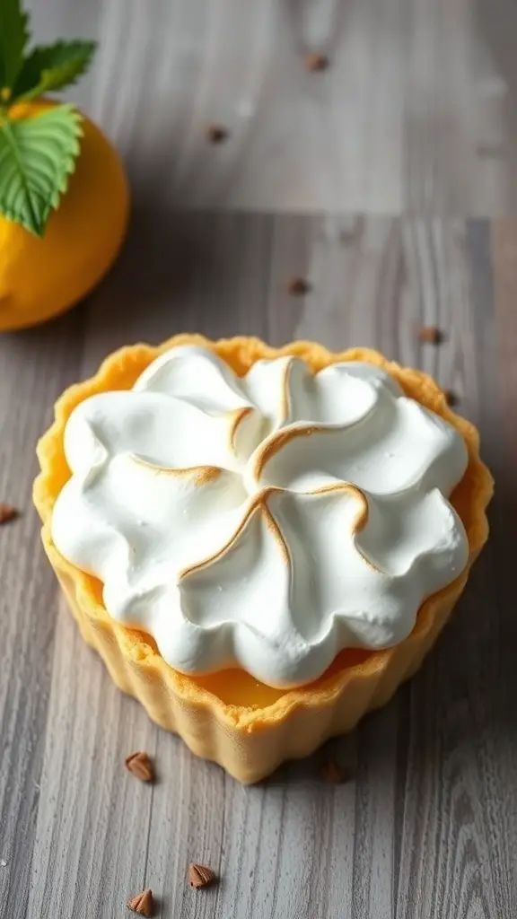 A heart-shaped lemon tart topped with meringue, garnished with a lemon and mint leaf.