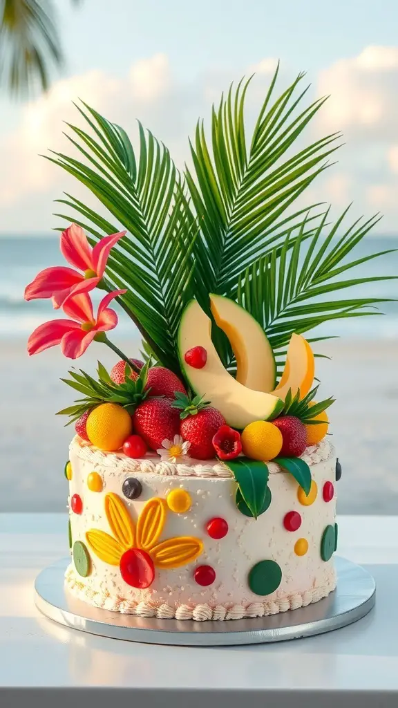 A beautifully decorated tropical fruit and plant cake with strawberries, melons, and greenery.