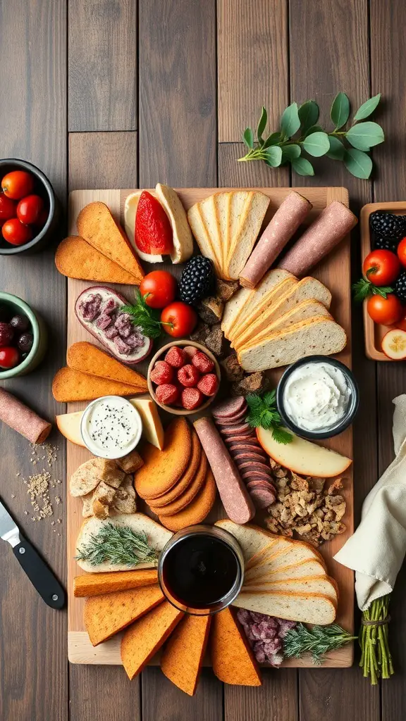 A beautifully arranged Valentine's charcuterie board featuring various cheeses, meats, fruits, and dips.