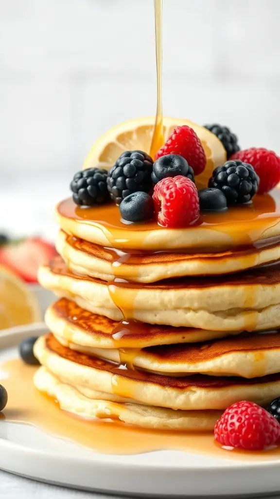 Stack of fluffy lemon ricotta pancakes topped with berries and syrup