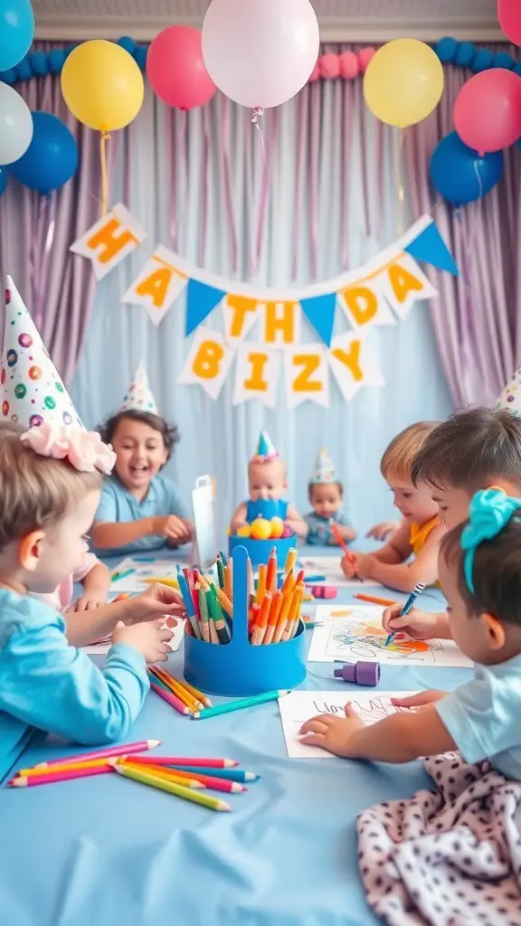 Children at a Bluey birthday party engaging in activities like coloring and crafting.