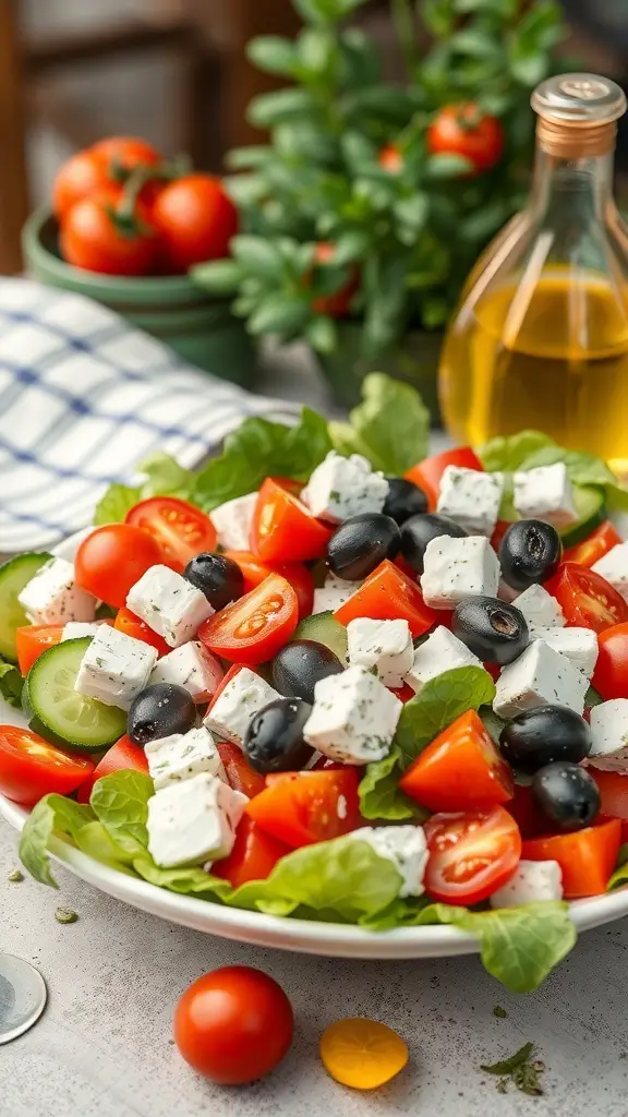 A colorful Greek salad with tomatoes, cucumbers, olives, and feta cheese on a plate.