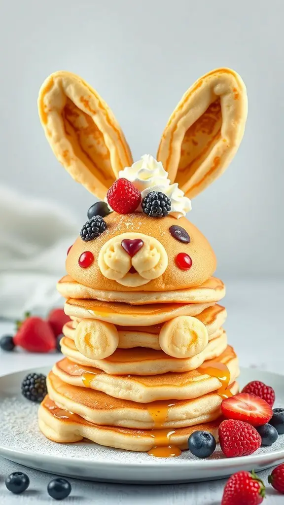 A stack of pancakes shaped like a bunny, decorated with berries and whipped cream.