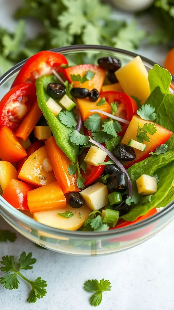 A colorful fresh garden salad with bell peppers, black beans, cheese, and cilantro in a glass bowl.