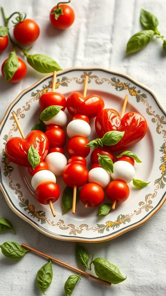 A plate of heart-shaped Caprese skewers with cherry tomatoes, mozzarella balls, and fresh basil.