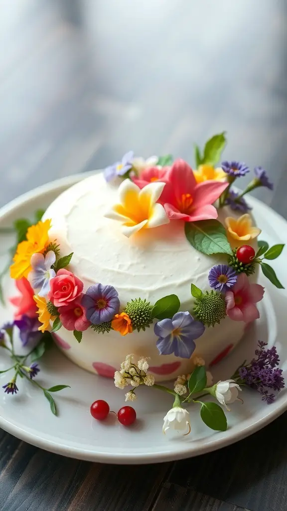 A beautifully decorated bento cake with colorful edible flowers on top.