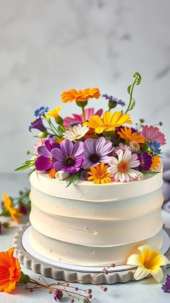 A beautifully decorated vanilla cake topped with colorful wildflowers.