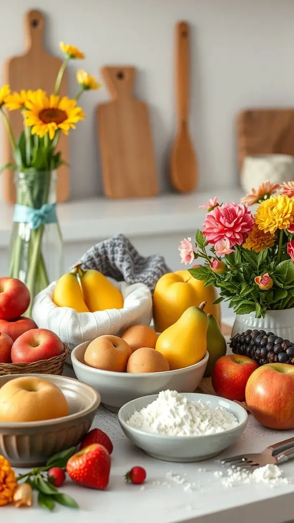 A colorful assortment of fruits and flowers on a kitchen counter, ideal for spring baking.