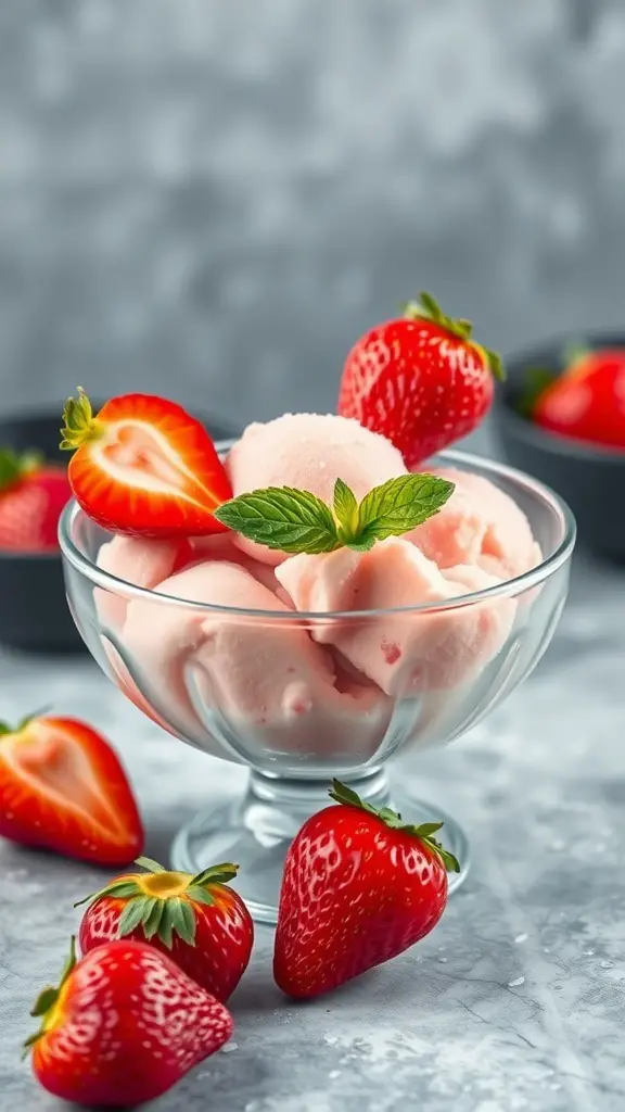 A bowl of strawberry coconut sorbet garnished with fresh strawberries and mint leaves.