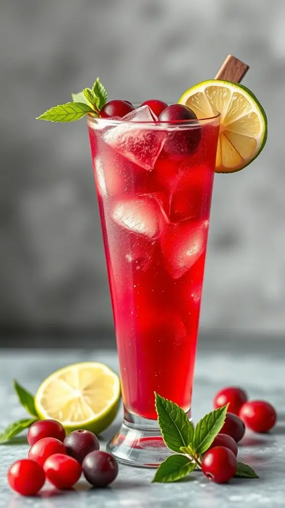 A refreshing Cranberry Lime Sparkler mocktail in a tall glass, garnished with lime and mint leaves.