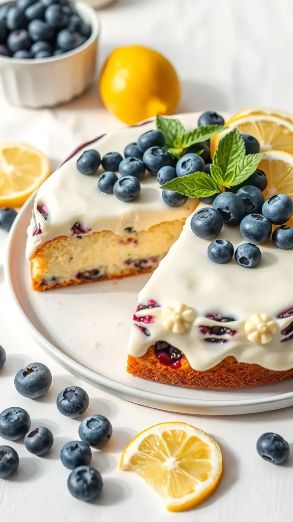 A slice of Lemon Blueberry Poke Cake topped with fresh blueberries and lemon slices on a white plate.