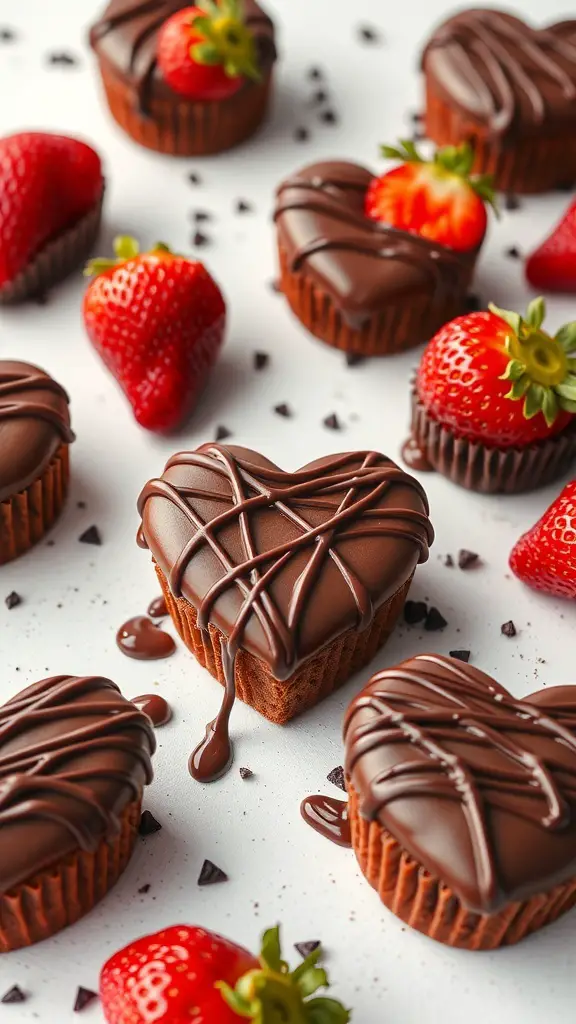 Heart-shaped chocolate ganache cupcakes with strawberries