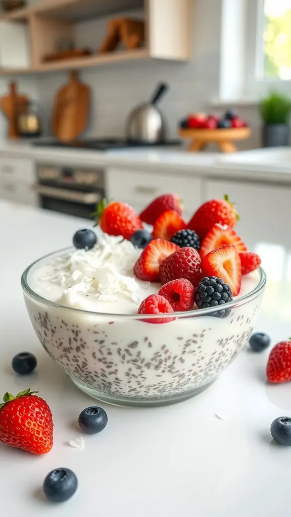 A bowl of coconut chia seed pudding topped with fresh berries and coconut flakes.
