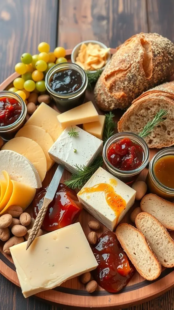 A rustic farmhouse charcuterie board featuring various cheeses, jams, nuts, and bread.