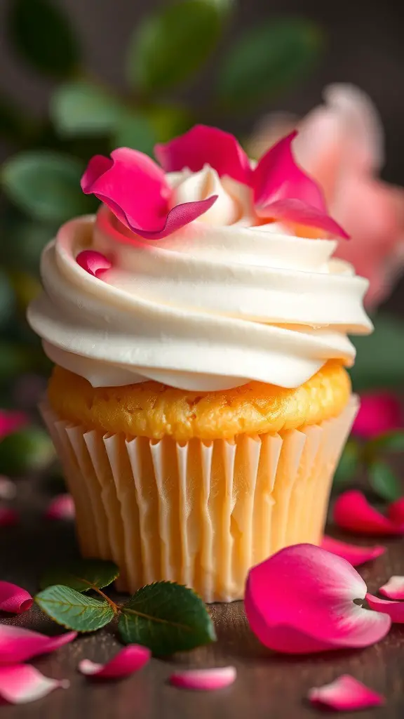 Cupcake with vanilla buttercream and pink rose petals on top