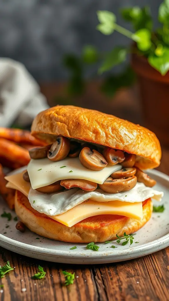 A delicious mushroom and Swiss cheese breakfast sandwich on a plate with sweet potato fries.