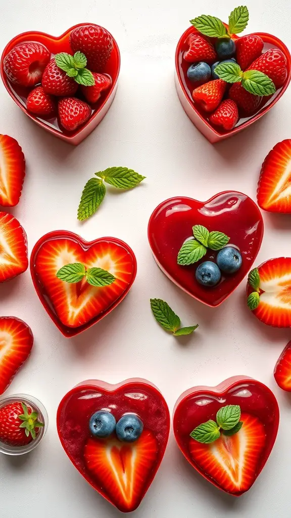 Heart-shaped fruit cups filled with strawberries, blueberries, and mint leaves.