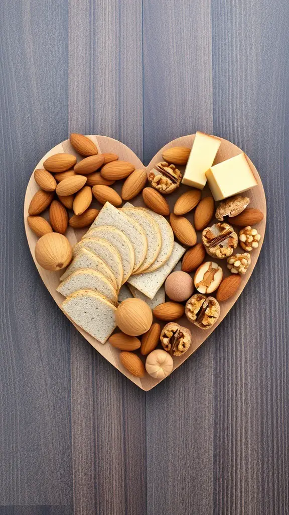 Heart shaped charcuterie board with nuts, cheese, and bread.
