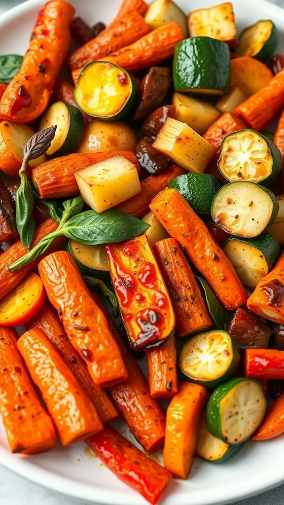 A colorful platter of roasted vegetables including carrots, zucchini, and peppers.