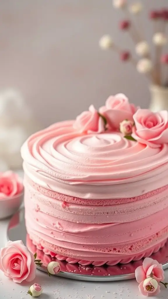 A beautifully decorated pink velvet cake with buttercream frosting and roses on top.