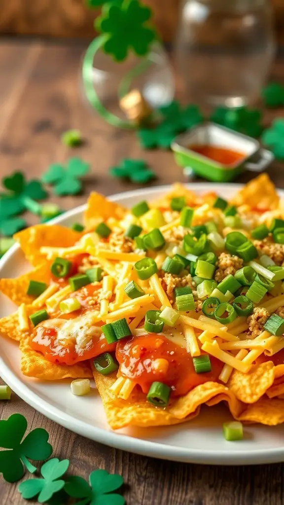 A plate of Irish nachos topped with cheese, jalapeños, and green onions, surrounded by shamrock decorations.