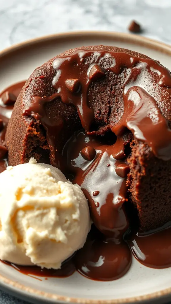 A chocolate lava cake with a molten center and a scoop of vanilla ice cream.