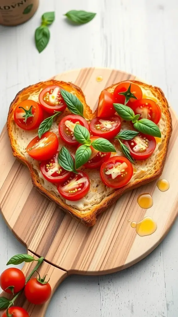 Heart-shaped bruschetta topped with cherry tomatoes and basil on a wooden board