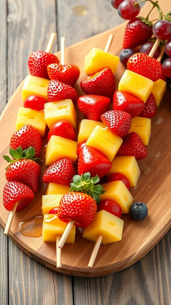 Colorful fruit skewers with strawberries, cheese cubes, and cherry tomatoes drizzled with honey on a wooden platter.