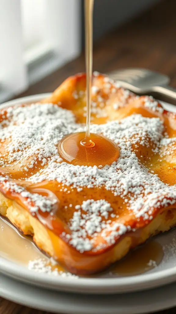 French Toast Casserole topped with maple syrup and powdered sugar