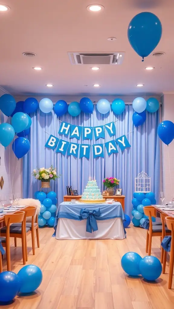 Bluey birthday party decorations with blue balloons and a 'Happy Birthday' banner