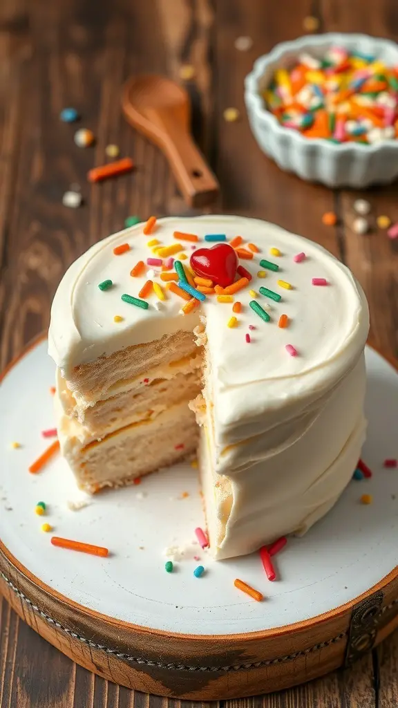 A classic vanilla poke cake with creamy frosting and colorful sprinkles, partially sliced on a wooden table.