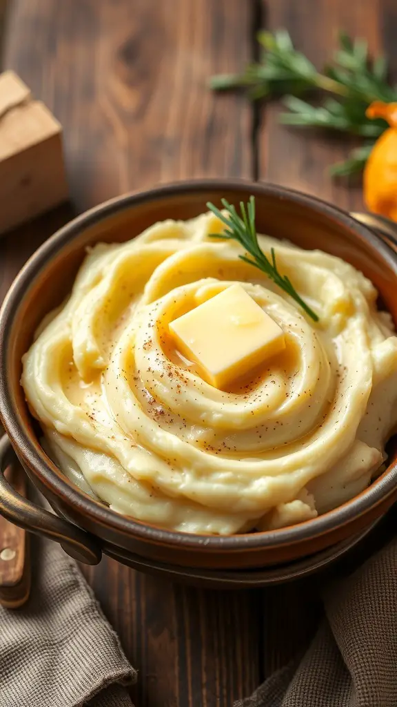 A bowl of creamy garlic mashed potatoes topped with butter and herbs.
