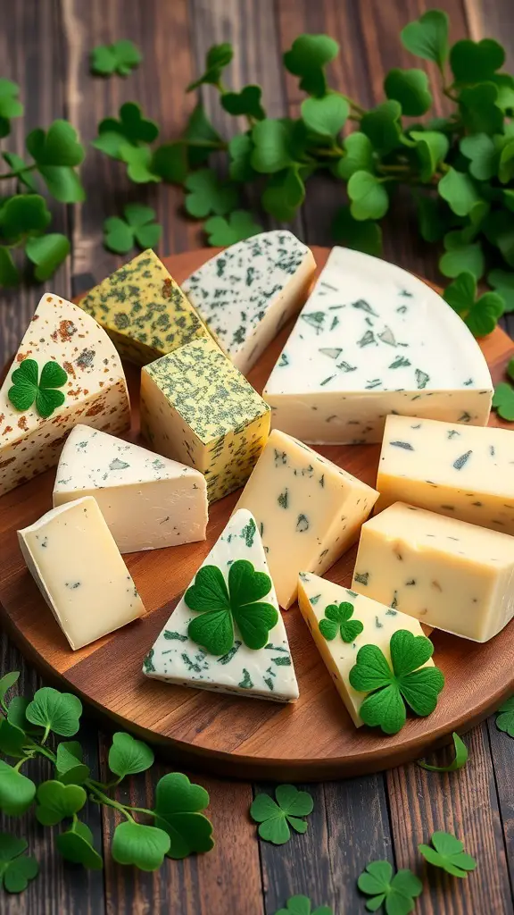 A selection of green cheeses arranged on a wooden platter with clover decorations.