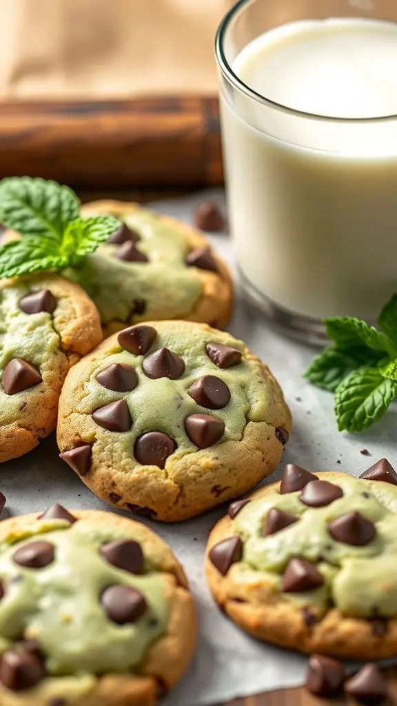 Mint chocolate chip cookies with chocolate chips and mint leaves, served with a glass of milk.