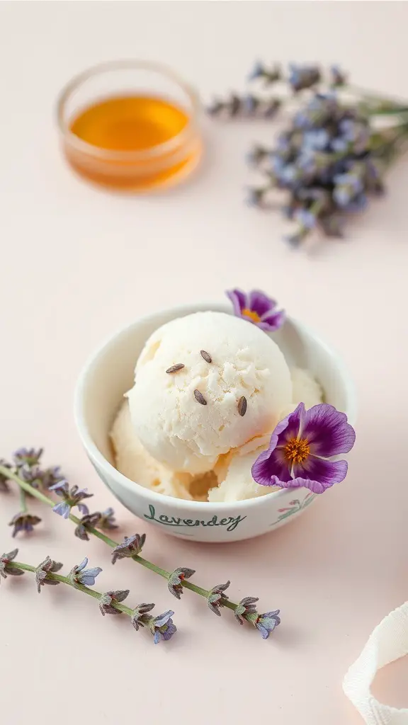 A bowl of lavender honey ice cream with lavender sprigs and honey in the background.