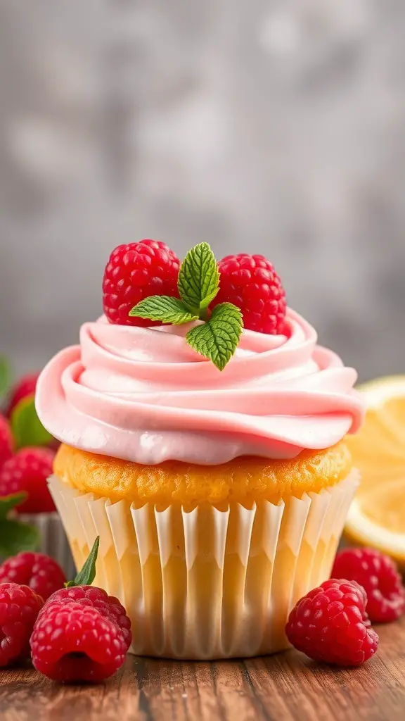 A close-up of a raspberry lemonade cupcake topped with pink frosting, fresh raspberries, and mint leaves.