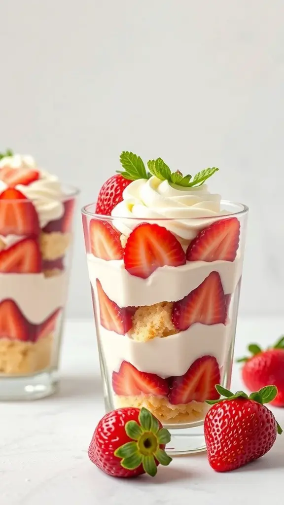 Two strawberry shortcake parfaits in glasses, layered with strawberries and whipped cream, with fresh strawberries on the side.