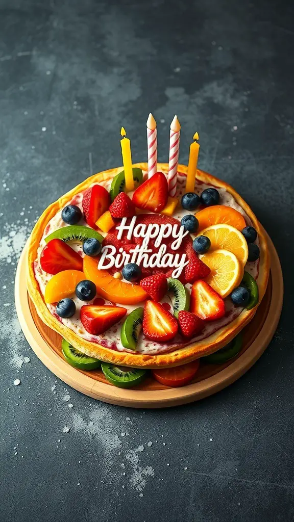 A colorful birthday cake fruit pizza topped with various fruits and candles